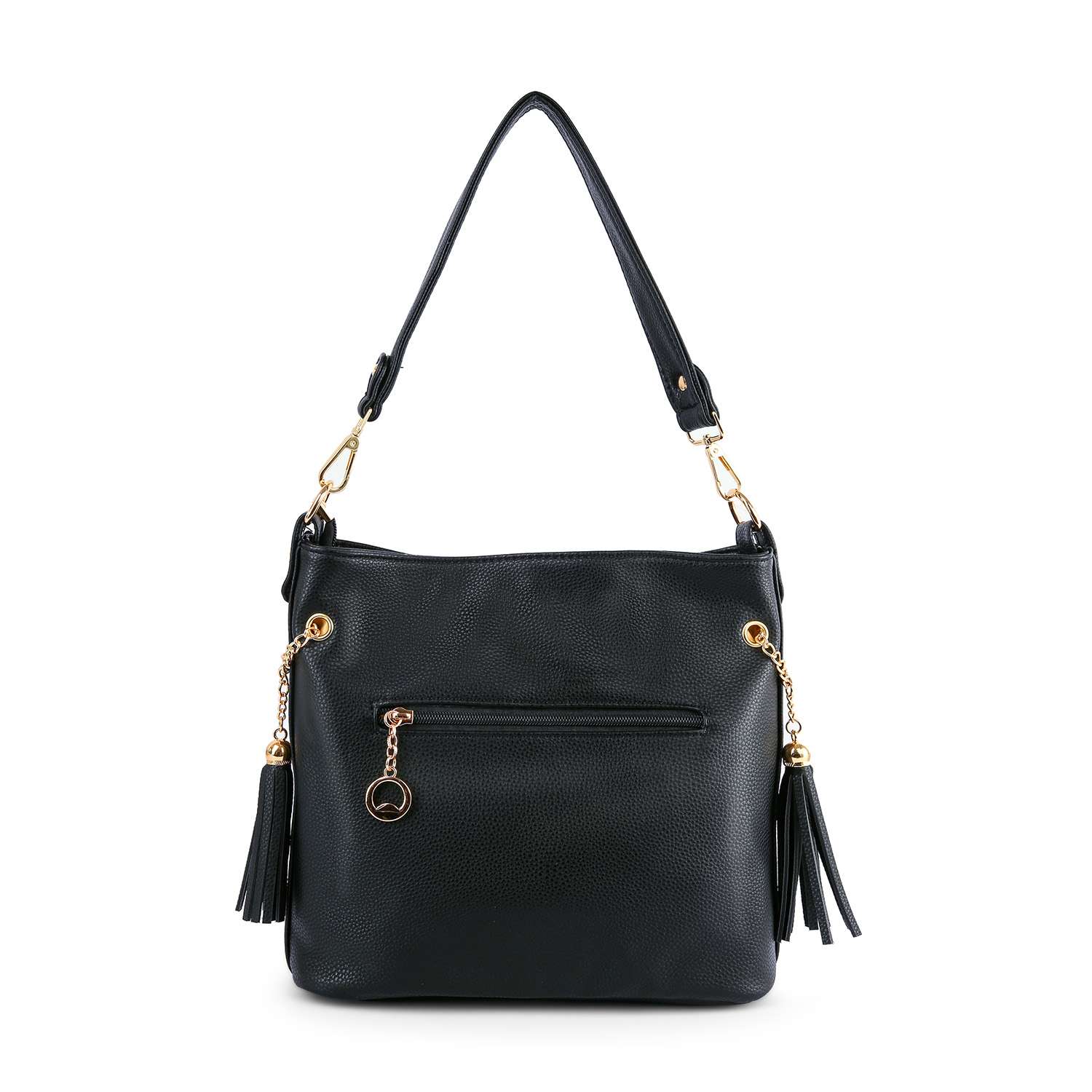 The Stunning Rhinestone Pattern Hobo Crossbody is a black faux leather bag with gold hardware, a top handle, front zip pocket, and two decorative tassels on each side.