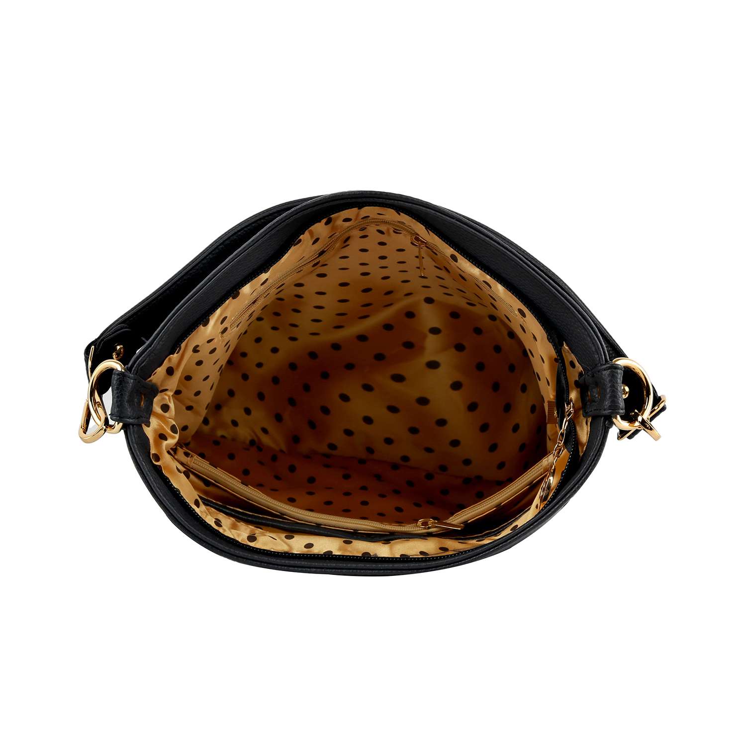 The Stunning Rhinestone Pattern Hobo Crossbody features black faux leather, an open top, a tan interior with black polka dots, multiple compartments, and a zippered pocket.
