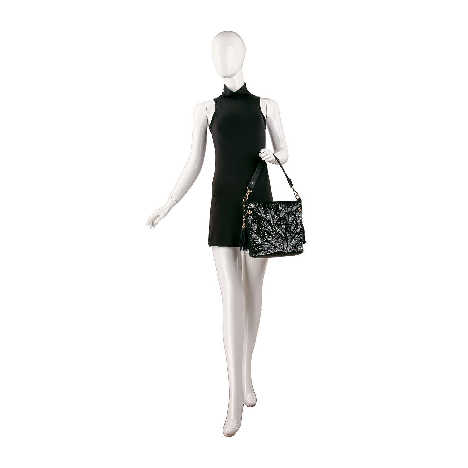 A mannequin in a sleeveless, short black dress holds the Stunning Rhinestone Pattern Hobo Crossbody bag, posing against a plain white background.