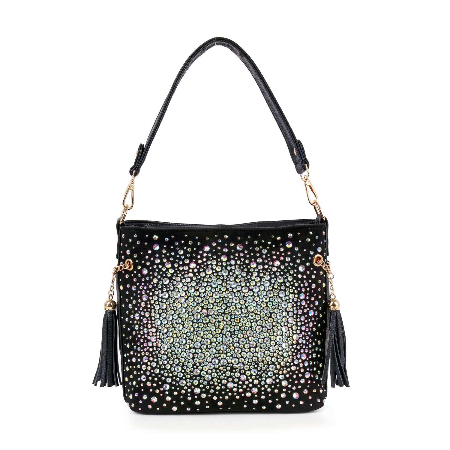 The Iridescent Rhinestone Hobo Crossbody is a black faux leather handbag with a single strap, gradient rhinestone embellishments, and two black tassels on each side.