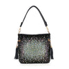 The Iridescent Rhinestone Hobo Crossbody is a black faux leather handbag with a single strap, gradient rhinestone embellishments, and two black tassels on each side.