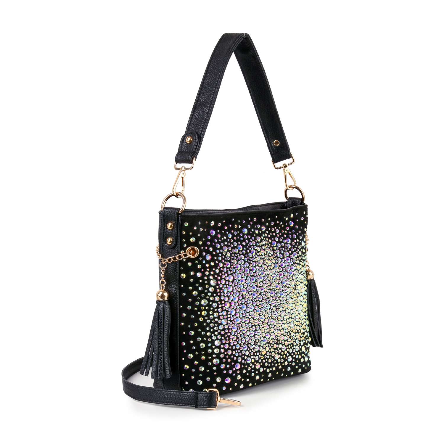 The Iridescent Rhinestone Hobo Crossbody is a black faux leather bag featuring multicolored rhinestones, gold hardware, black tassel accents, a short handle, and a detachable shoulder strap.