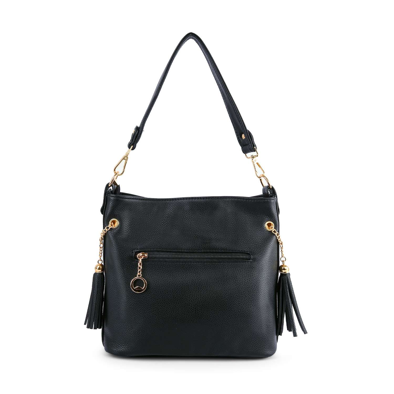 The Iridescent Rhinestone Hobo Crossbody features gold hardware, a single strap, front zipper pocket, two side tassels, and a small round gold keychain charm hanging from the zipper.