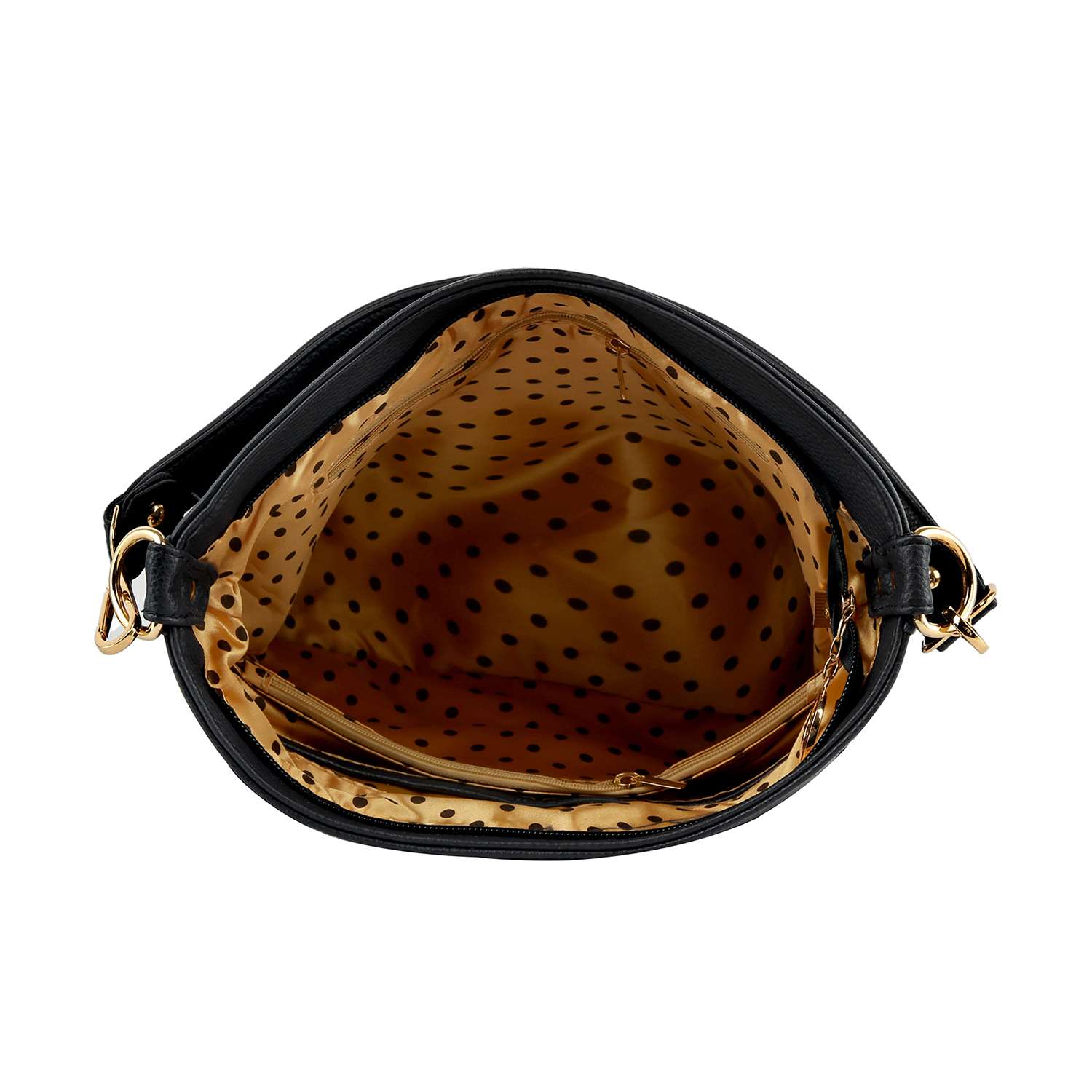 Top view of the Iridescent Rhinestone Hobo Crossbody, open to reveal a beige interior with black polka dots, gold hardware, zipper, and pocket details. Bag features a single strap and faux leather exterior.