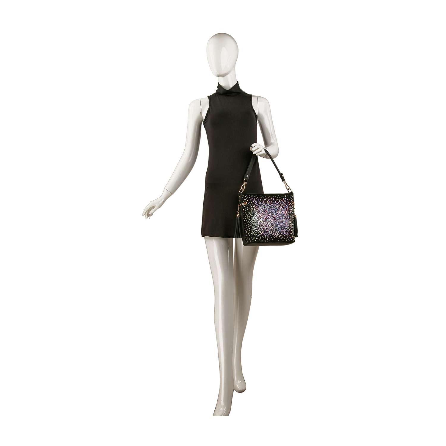 Mannequin in a sleeveless black mini dress holding the Iridescent Rhinestone Hobo Crossbody with shimmering multicolored faux leather and gold hardware, posed against a plain white background.