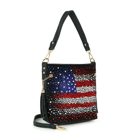 Faded Rhinestone Bling Flag Pattern Hobo Crossbody