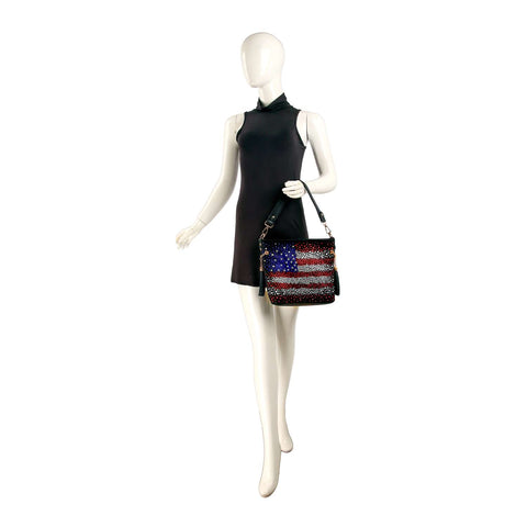 Faded Rhinestone Bling Flag Pattern Hobo Crossbody