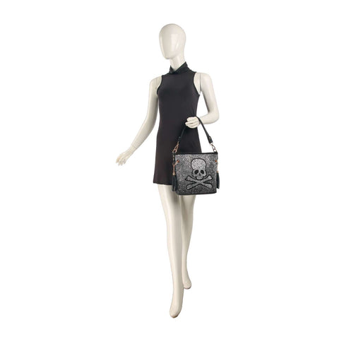 Spectacular Ombre Rhinestone Skull Design Hobo Crossbody