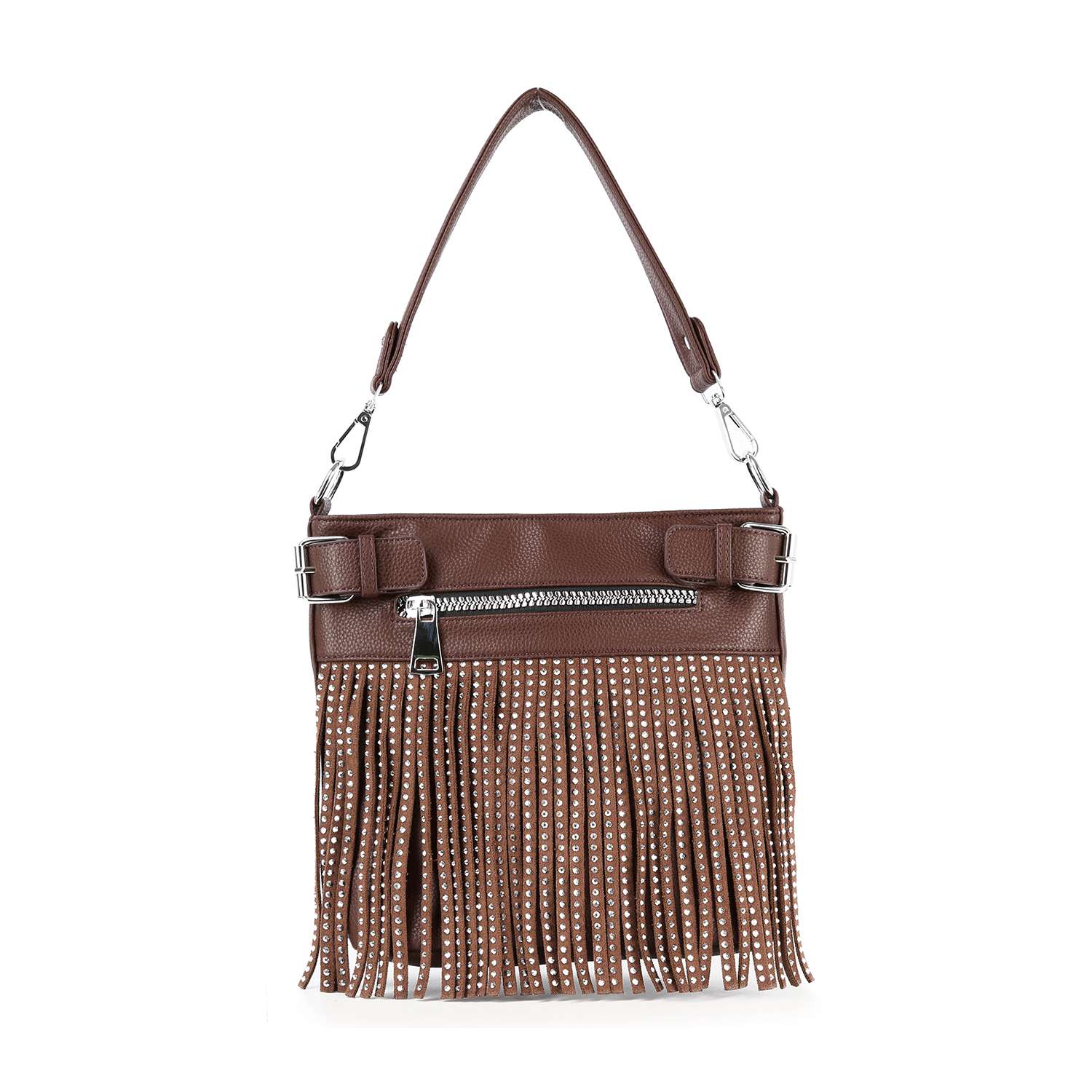 The Classic Fringe Convertible Crossbody is a brown leather bag with a top handle, front zipper pocket, and long fringe with small silver studs hanging from the bottom.