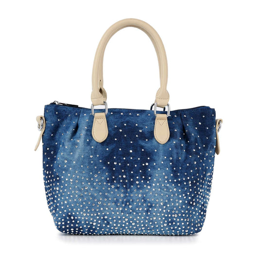The Glamorous Rhinestone Design Tote Handbag features blue denim with a rhinestone ombre effect, silver studs, beige straps with silver hardware, a zippered top, and is compatible with tablets.