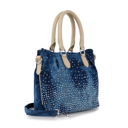The Glamorous Rhinestone Design Tote Handbag features blue suede, light beige handles, scattered silver rhinestones, metal accents, a detachable shoulder strap, faux leather construction, and a secure zippered top.