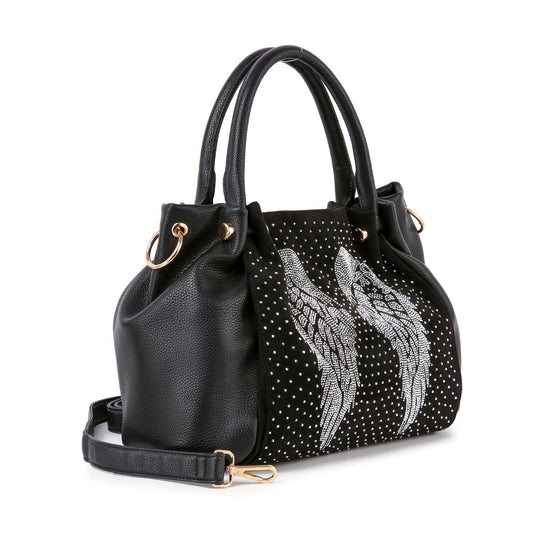 The Sparkling Wing Design Fashion Handbag features black rhinestone-studded angel wings, dotted accents on the front, gold hardware, and a detachable strap—a chic tote bag perfect for everyday elegance.