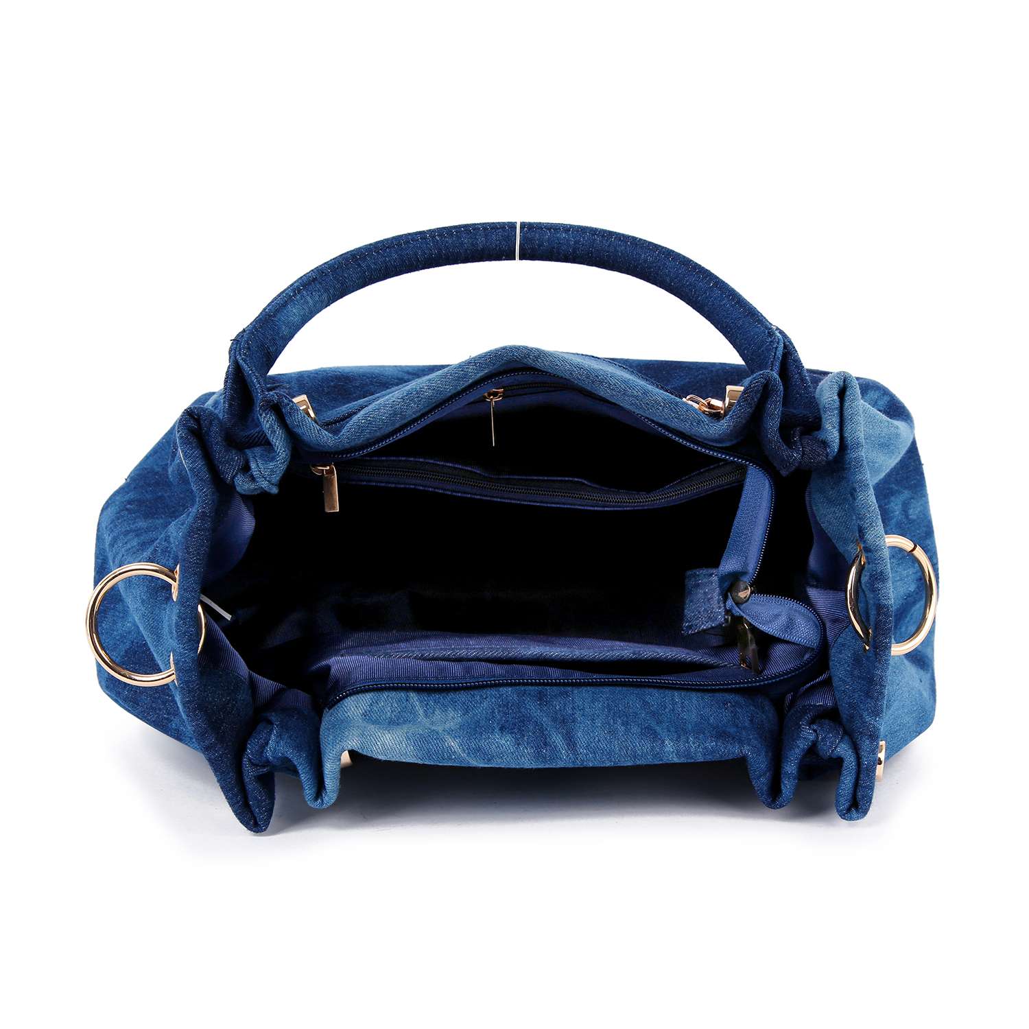 The Sparkling Wing Design Fashion Handbag features a blue wing design, gold rings, open top, spacious interior with zippered pocket and dark lining—ideal as a tablet-compatible tote.