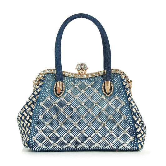 Woven Accented Denim Metal  A-Frame Hand Tote