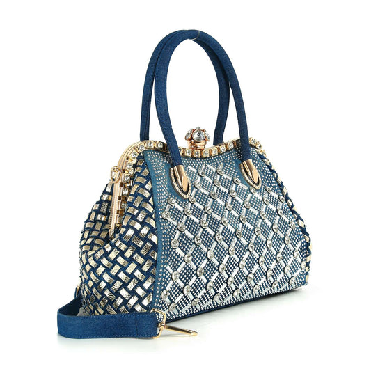 Woven Accented Denim Metal  A-Frame Hand Tote