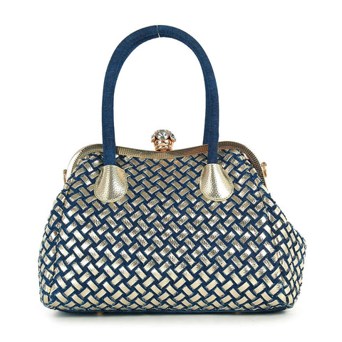 Woven Accented Denim Metal  A-Frame Hand Tote