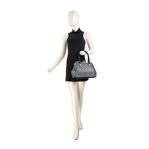 Woven Accented Denim Metal  A-Frame Hand Tote