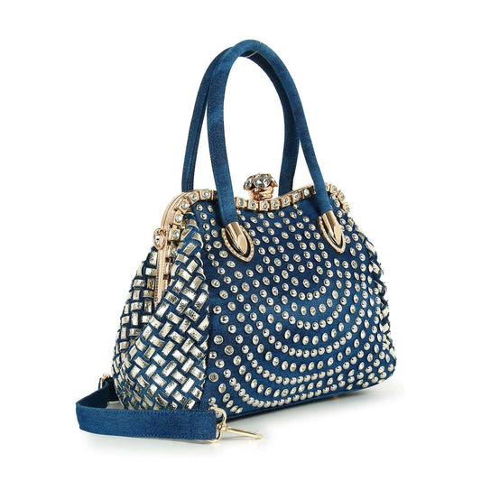 Woven Accented Denim Metal A-Frame Hand Tote