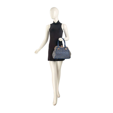 Woven Accented Denim Metal A-Frame Hand Tote