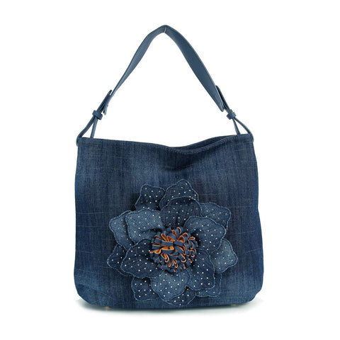 Raised Flower Denim Hobo Handbag