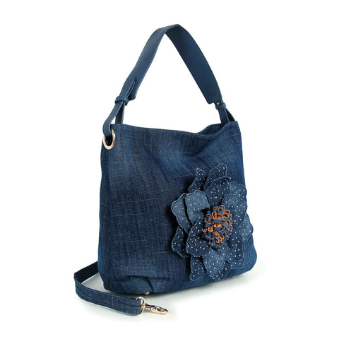 Raised Flower Denim Hobo Handbag