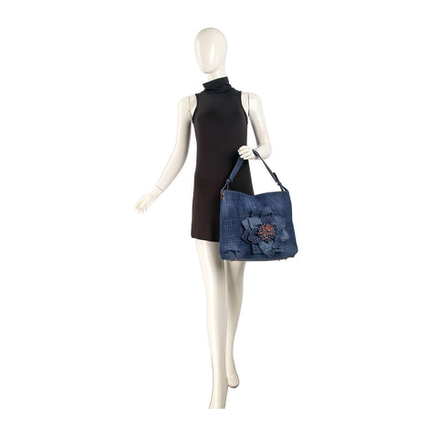 Raised Flower Denim Hobo Handbag