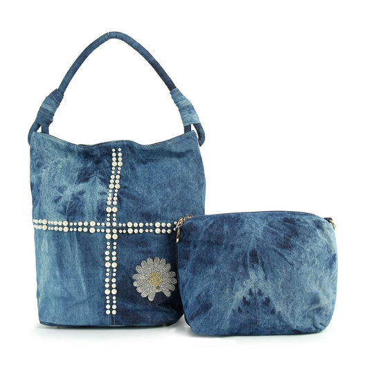 Daisy Rhinestone Beaded  Denim Tall Hobo Set