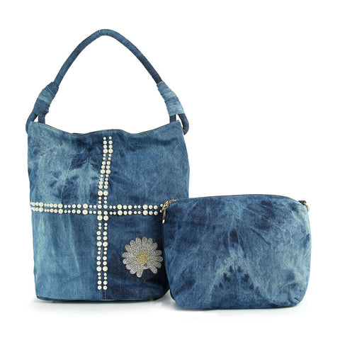 Daisy Rhinestone Beaded  Denim Tall Hobo Set