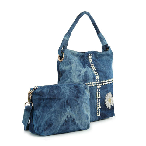 Daisy Rhinestone Beaded  Denim Tall Hobo Set