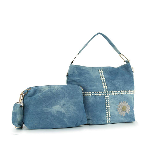 Daisy Rhinestone Beaded Denim Hobo Set