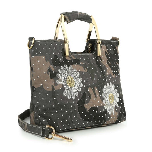 Rhinestone Daisy Camo Tote Handbag