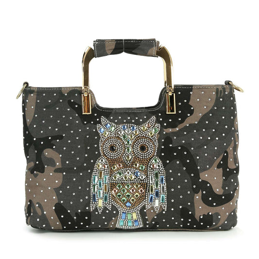 Rhinestone Owl Camo Tote Handbag