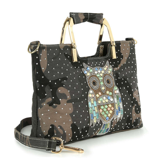 Rhinestone Owl Camo Tote Handbag