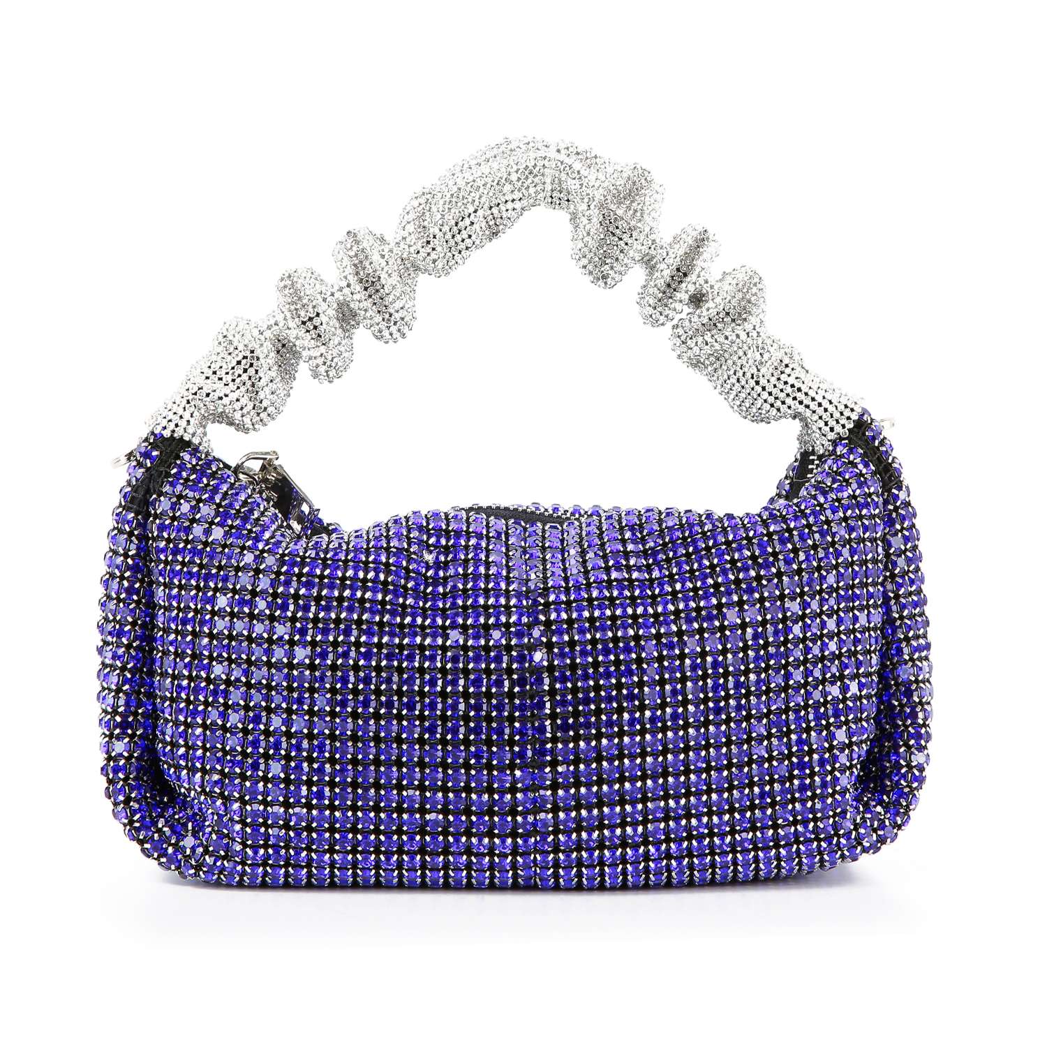 The Ruched Sparkling Stone Fashion Bag is a petite rectangular handbag adorned with shiny purple and silver rhinestones, featuring a ruched silver handle and top zipper—ideal for adding glamour to any outfit.