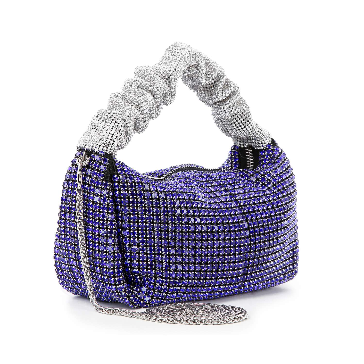 The Ruched Sparkling Stone Fashion Bag is a petite handbag with a silver knotted handle, blue and silver rhinestones, and a silver chain strap—perfect for adding sparkle to any outfit.