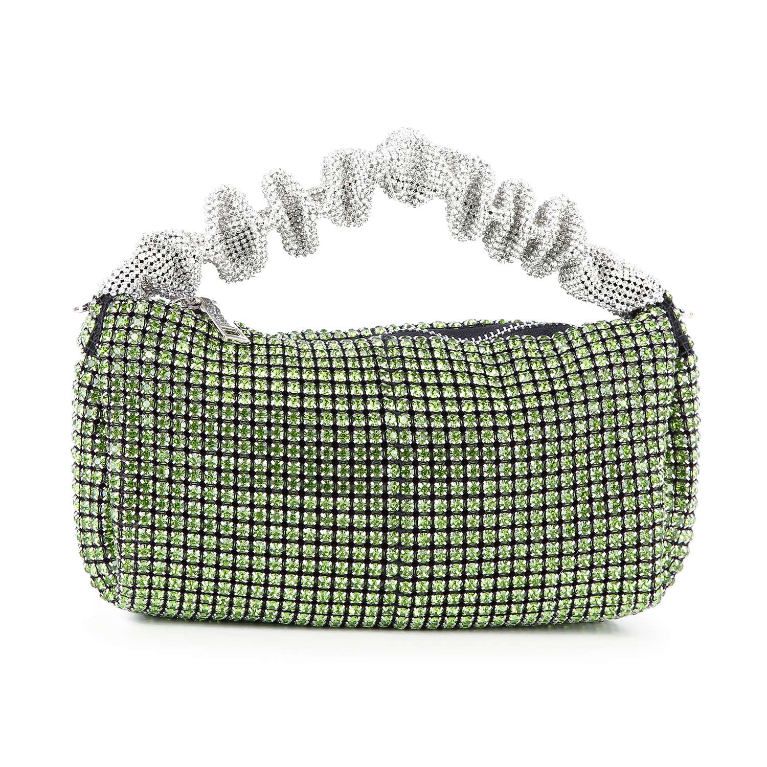 The Ruched Sparkling Stone Fashion Bag is a petite green rhinestone handbag with a grid pattern and a scrunched silver handle, offering a glamorous, sparkling look.