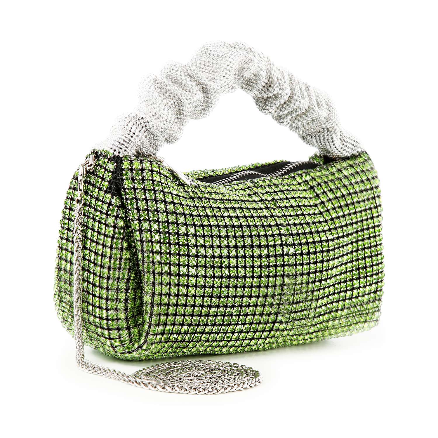 The Ruched Sparkling Stone Fashion Bag is a petite handbag with green and silver mesh, a ruched silver handle, chain strap, and top zipper closure—delivering modern sparkle for any chic ensemble.