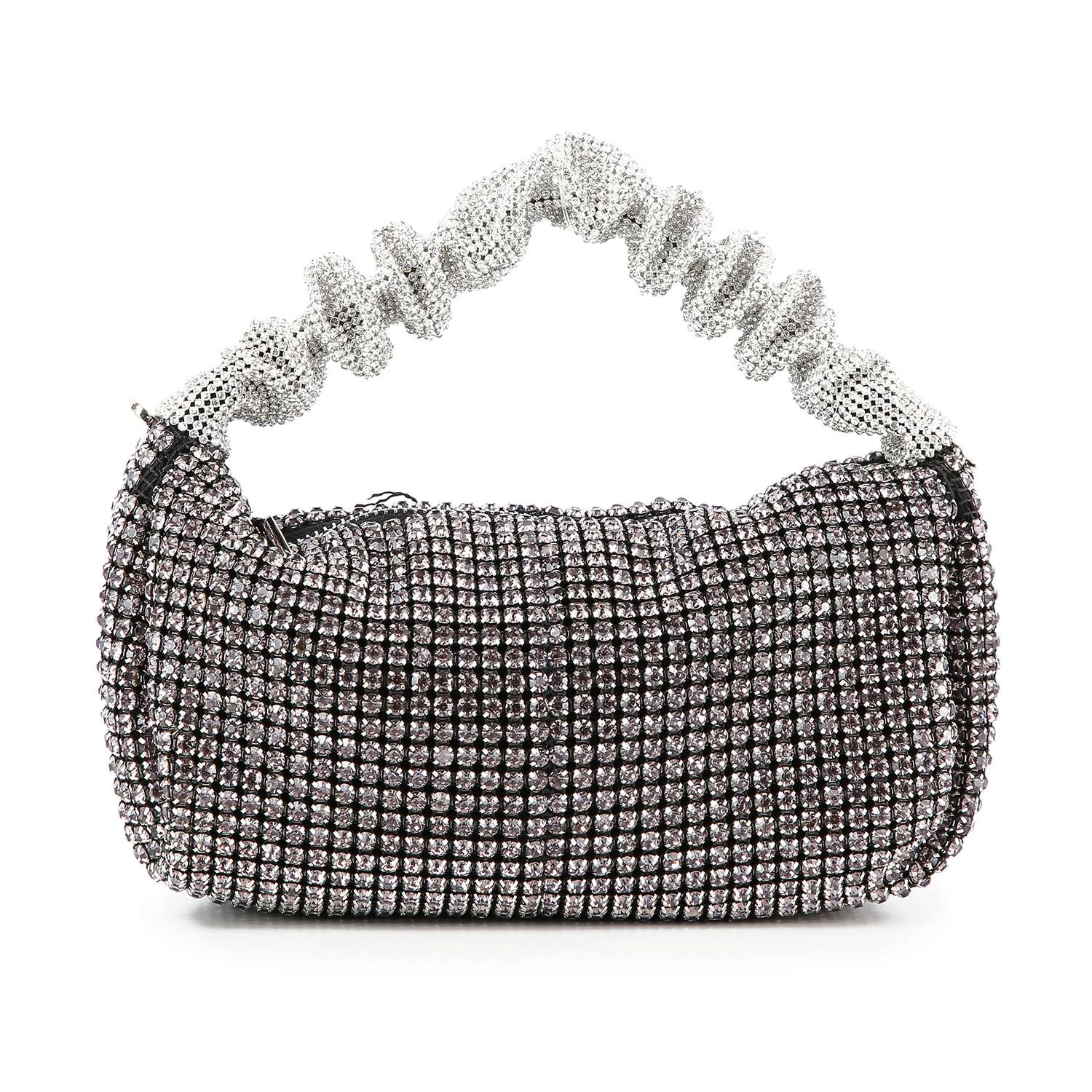 The Ruched Sparkling Stone Fashion Bag features a rectangular silhouette, dazzling rhinestones, faux leather accents, and a ruched silver handle—making it a glamorous accessory for any occasion.