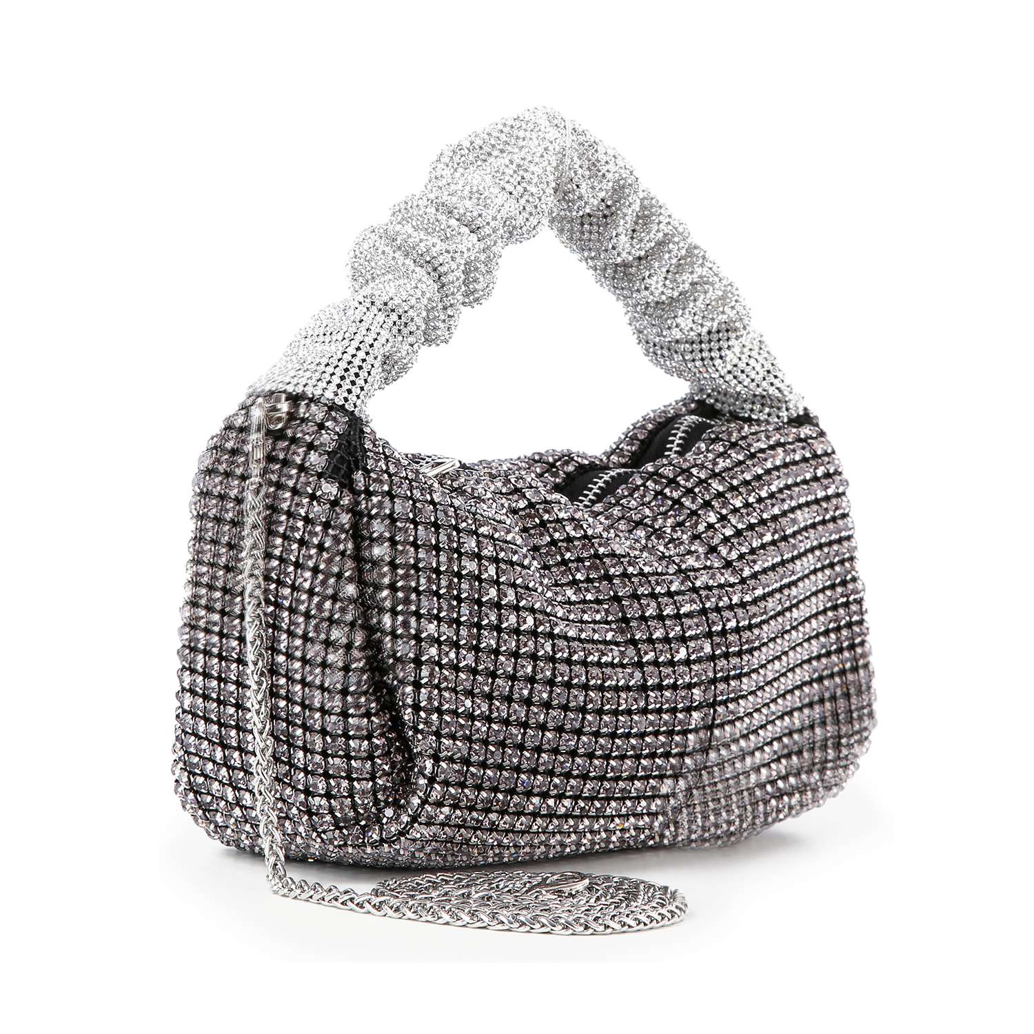 The Ruched Sparkling Stone Fashion Bag is a petite silver handbag with dazzling rhinestones, a ruched handle, matching chain strap, soft slouchy faux leather shape, and a secure top zipper closure.