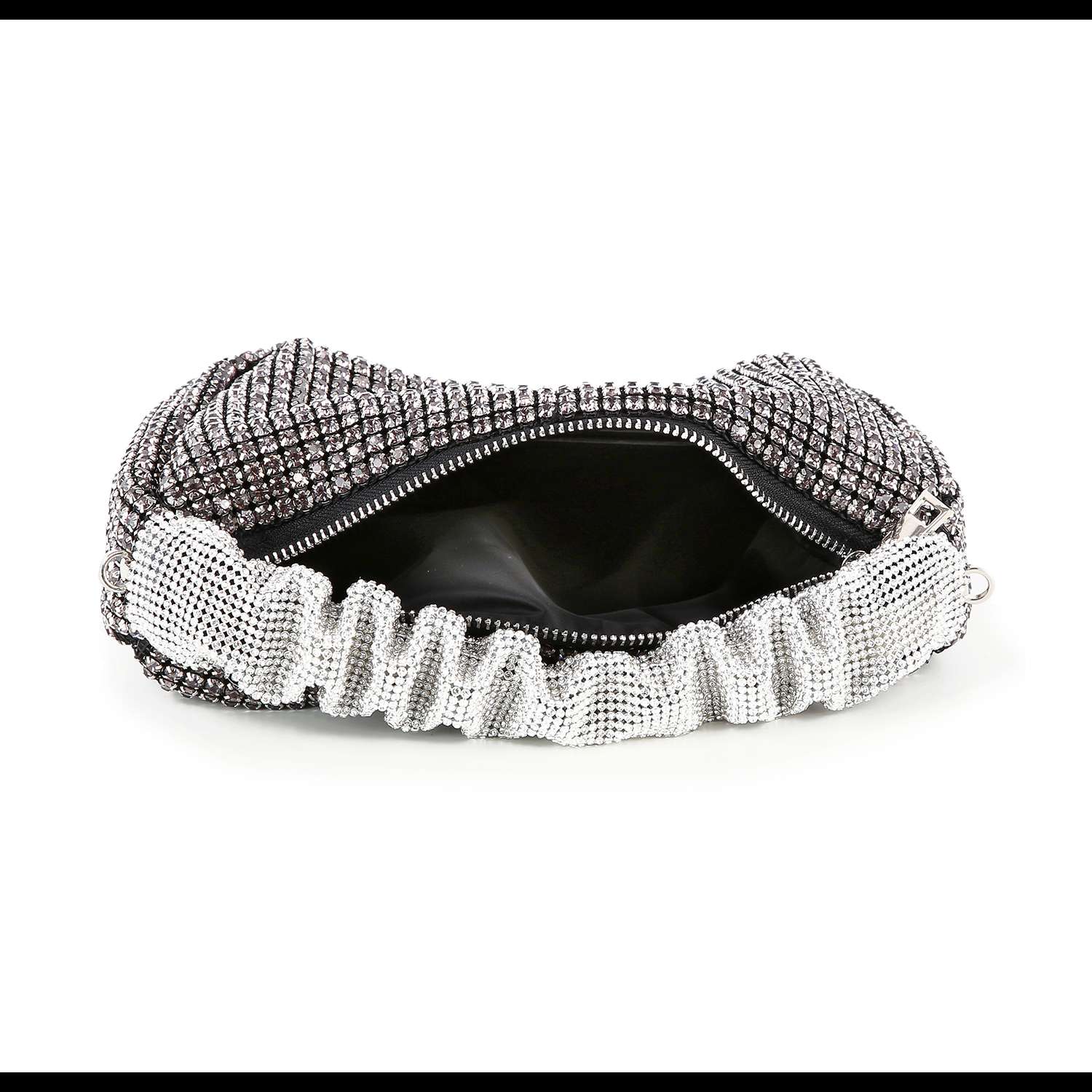 The Ruched Sparkling Stone Fashion Bag is a petite clutch adorned with silver and black rhinestones, featuring a ruched design and an open zipper that reveals its chic black interior.