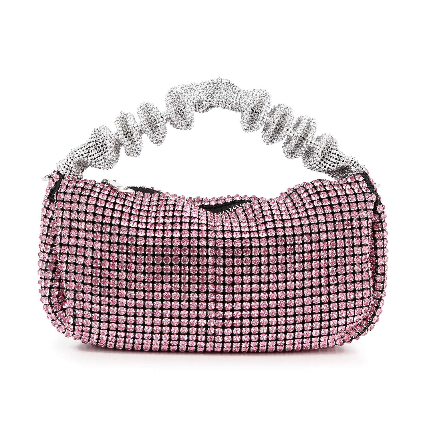 The Ruched Sparkling Stone Fashion Bag showcases dazzling pink rhinestones, a scrunchie-style silver handle, and a rounded rectangular shape. Made from faux leather with a zippered top closure for style and security.