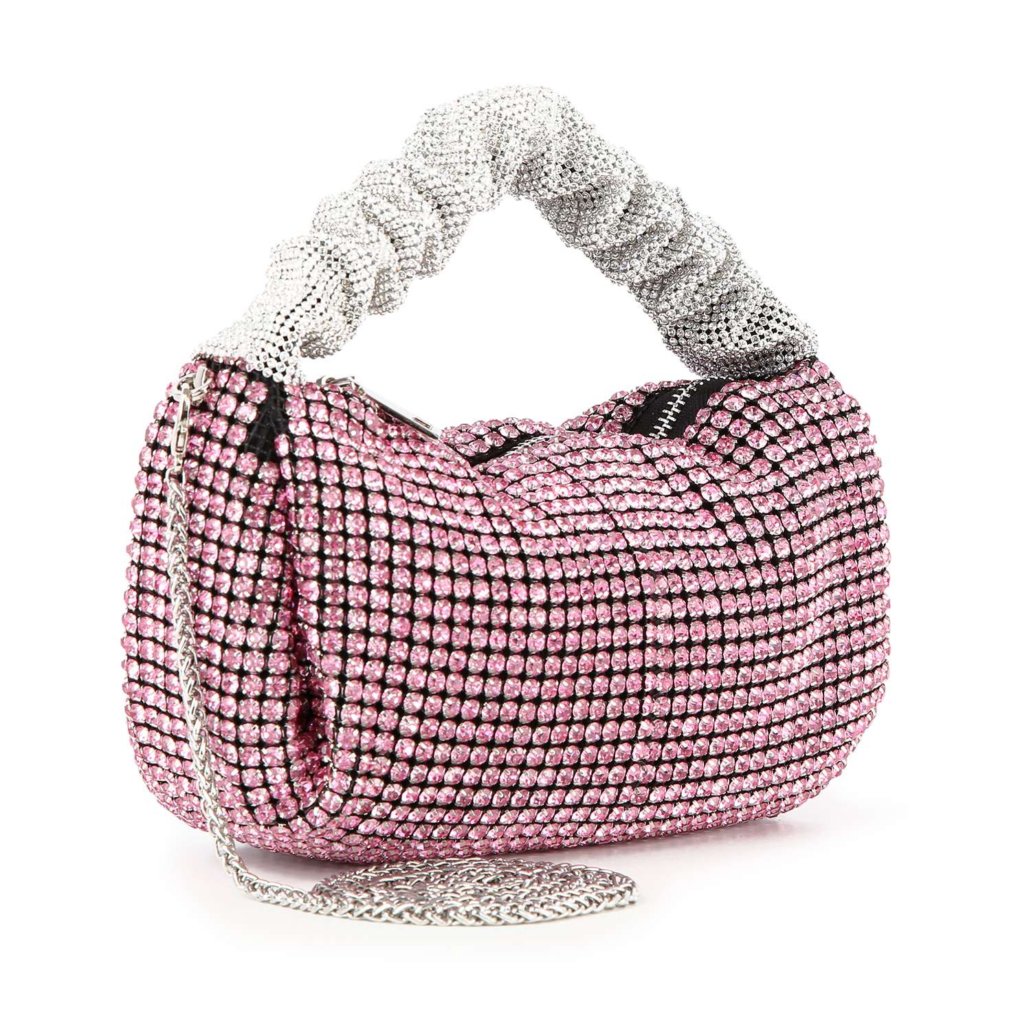 The Ruched Sparkling Stone Fashion Bag features pink rhinestones, a ruched silver handle, and a silver chain strap. Crafted from faux leather, its shown on a white background.