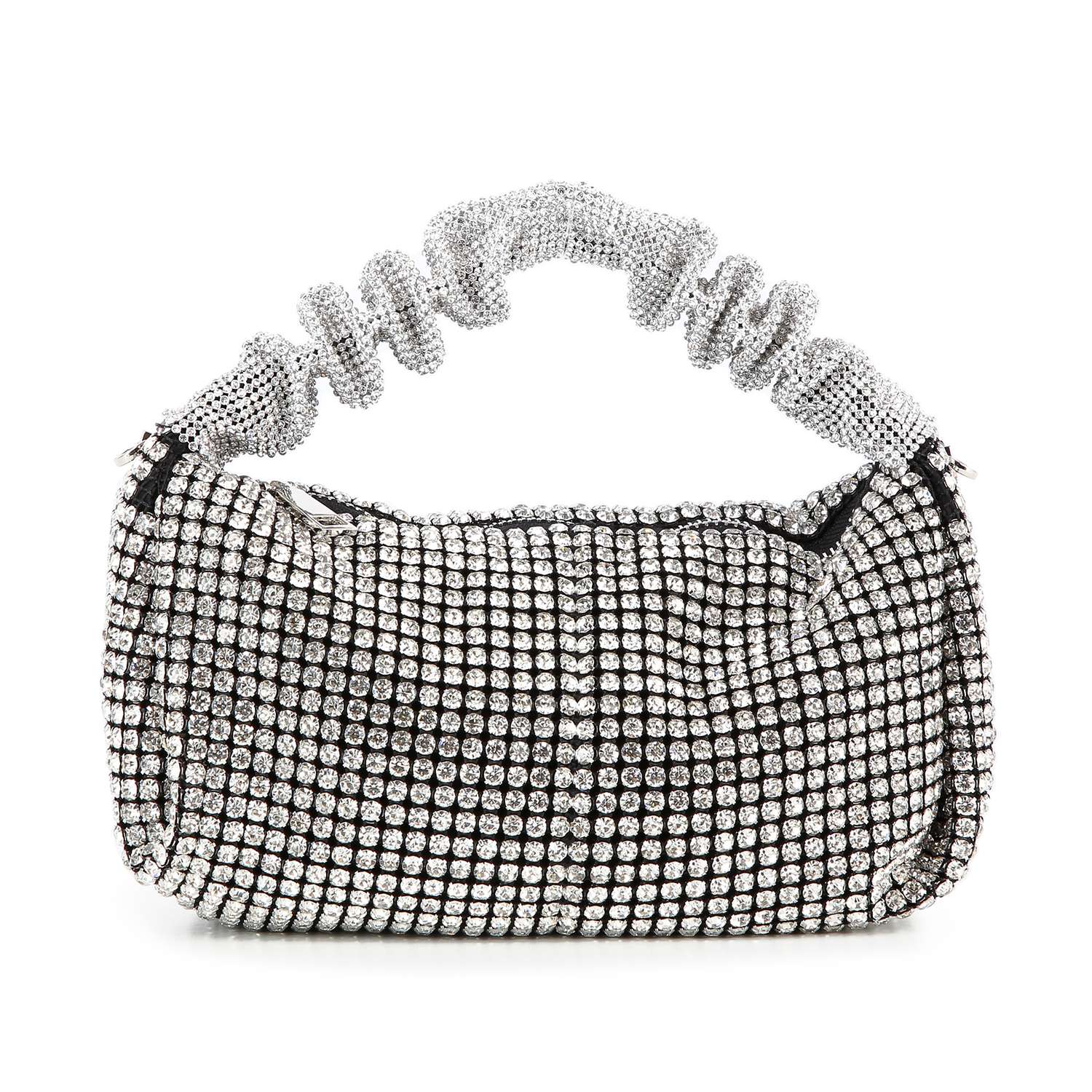 The Ruched Sparkling Stone Fashion Bag is a petite faux leather handbag, featuring sparkling silver rhinestones and a textured ruched handle, displayed against a white background.