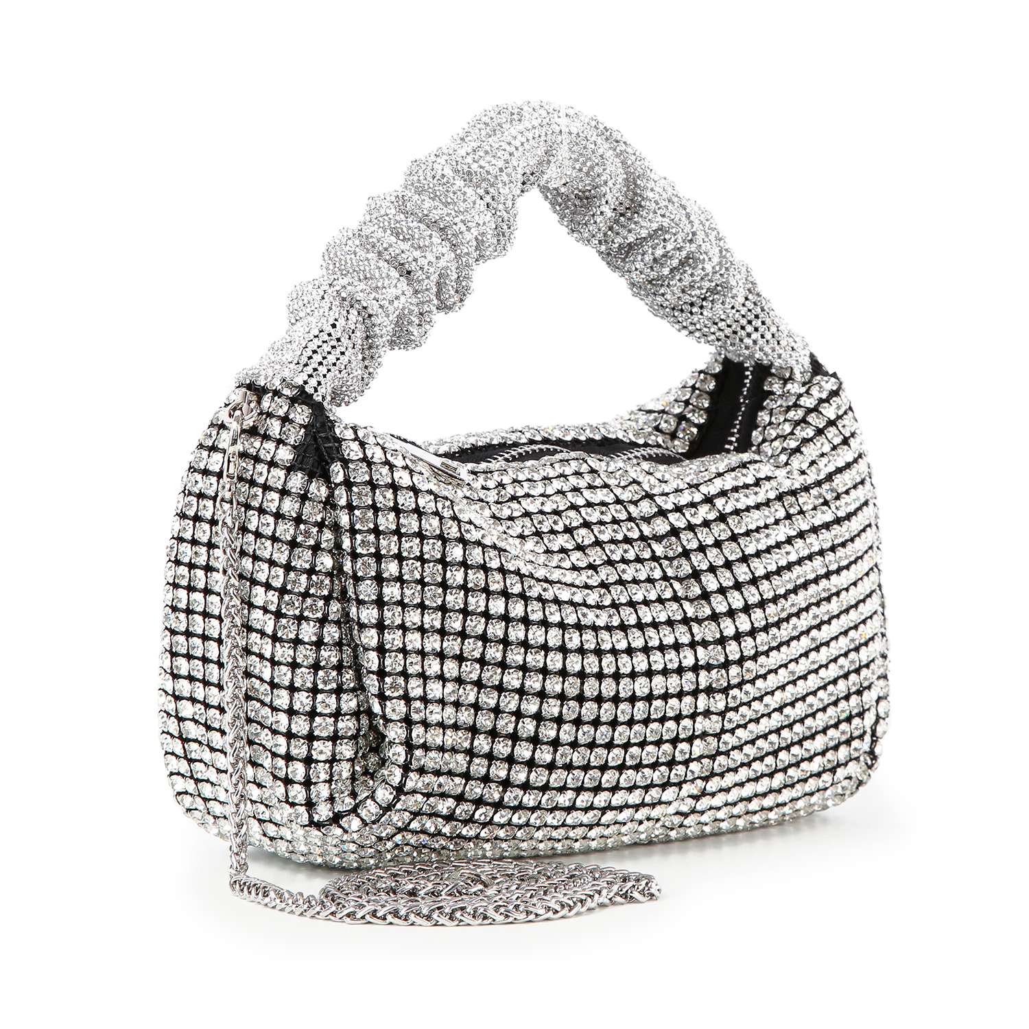 The Ruched Sparkling Stone Fashion Bag is a petite silver handbag with rhinestones, a ruched handle, and a long chain strap. Its soft, slouchy silhouette adds glamorous flair to any outfit.