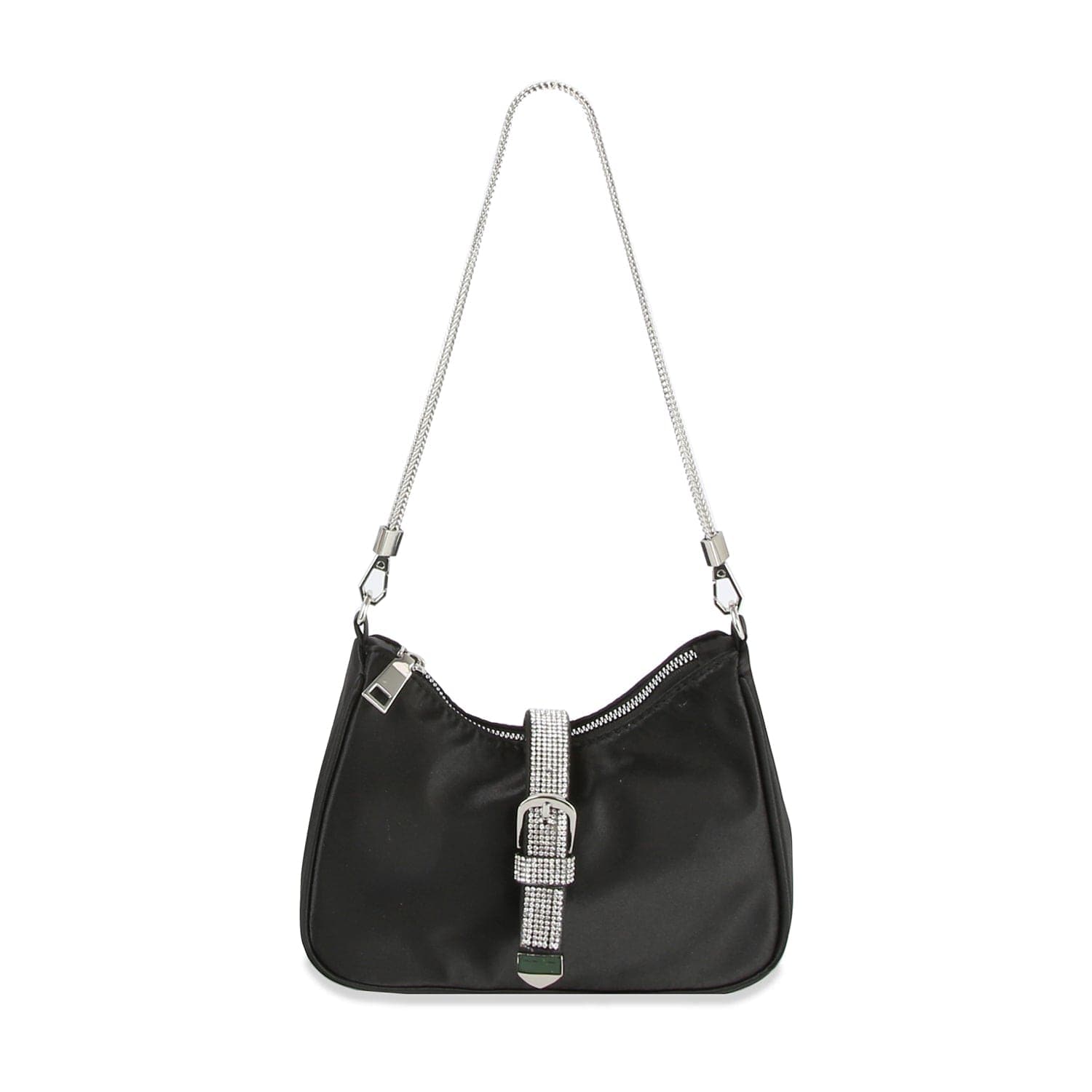 The Rhinestone Buckle Hobo Handbag is a chic black bag featuring a silver chain strap, silver zipper, and a decorative rhinestone buckle detail on the front.