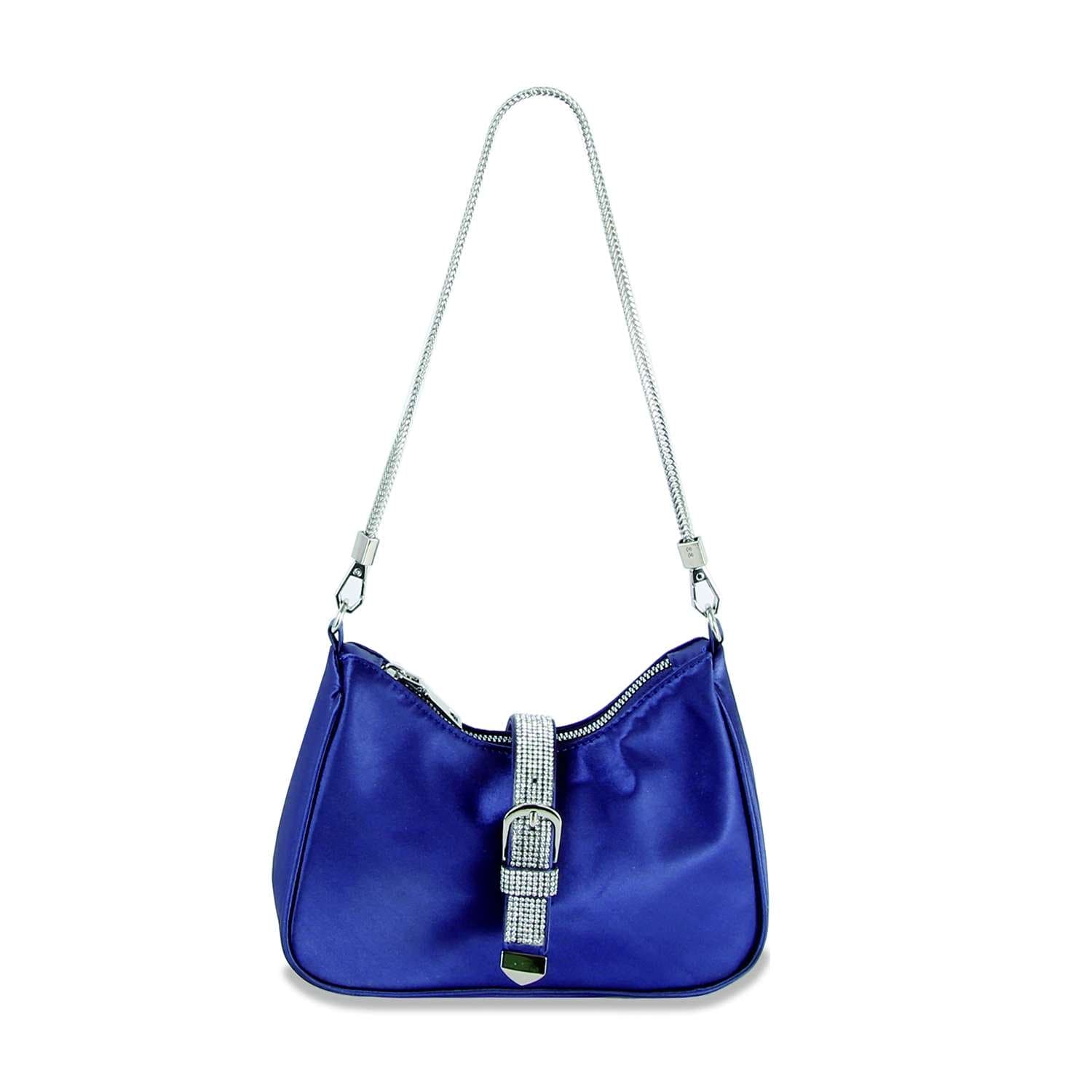 The Rhinestone Buckle Hobo Handbag in royal blue features a shiny silver shoulder strap and a sparkling rhinestone buckle on the front, displayed against a white background.