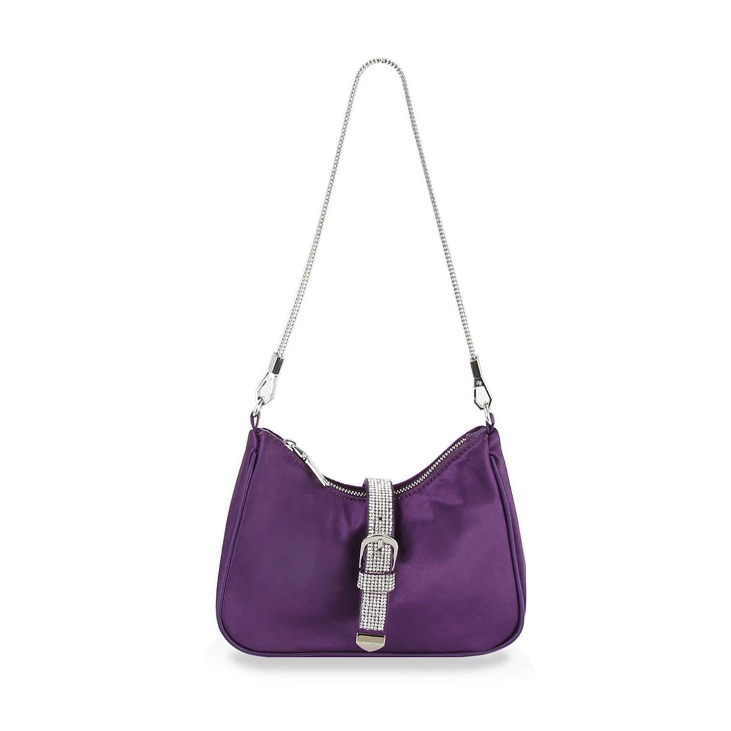 The Rhinestone Buckle Hobo Handbag is a small purple shoulder bag with a silver chain strap, a rhinestone-studded buckle on the front, and a zippered top closure. It is displayed against a plain white background.