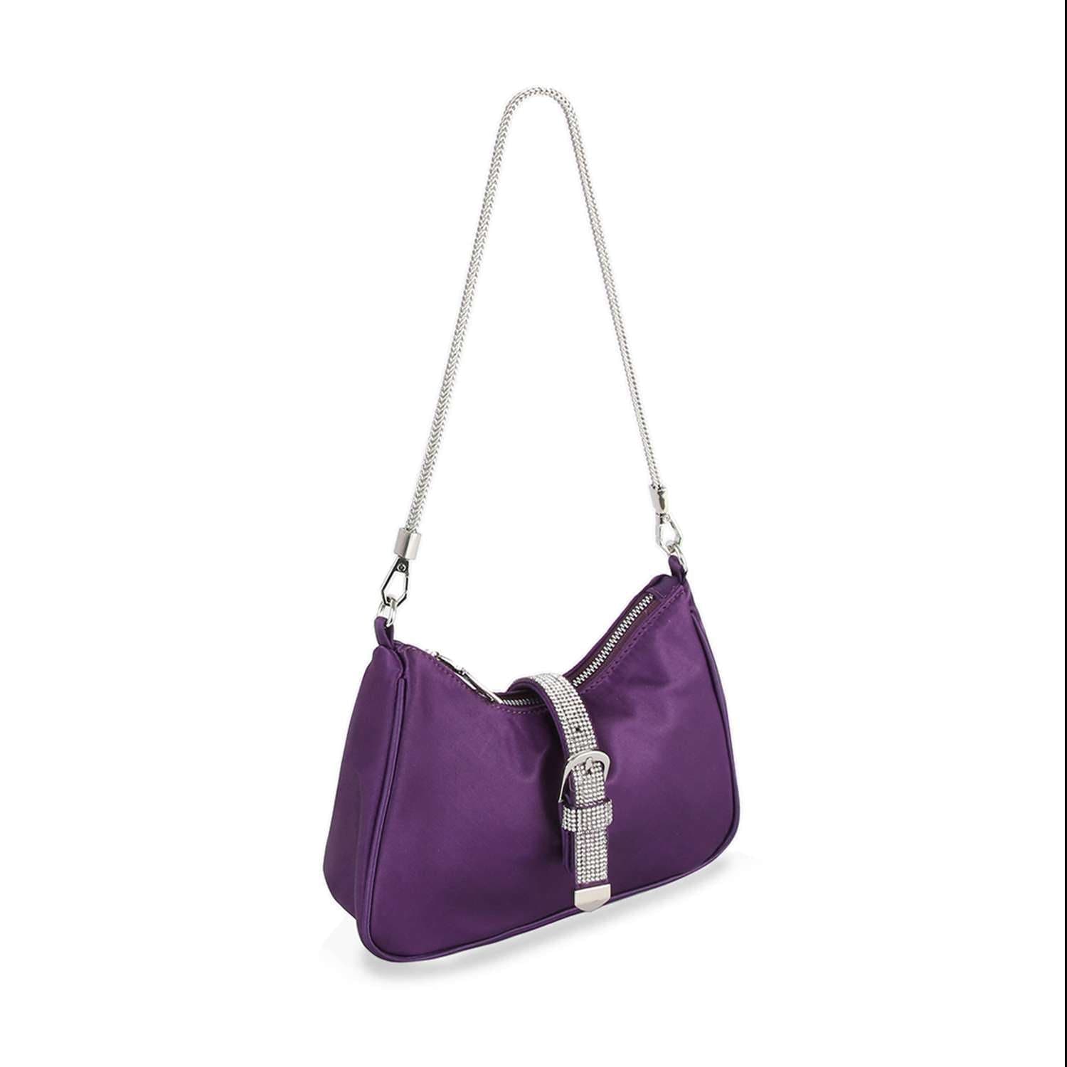 The Rhinestone Buckle Hobo Handbag is a purple bag with a silver chain strap, zipper closure, and decorative rhinestone buckle on the front, shown against a white background.