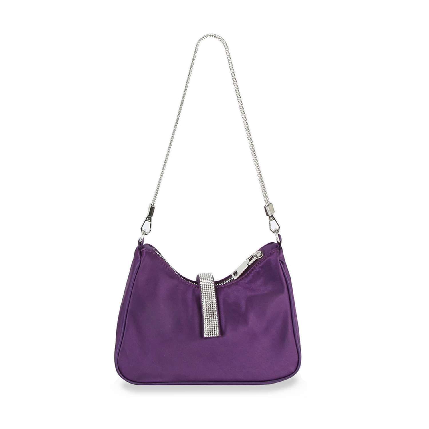 The Rhinestone Buckle Hobo Handbag is a small purple satin shoulder bag featuring a silver chain strap and a rhinestone-accented zipper.