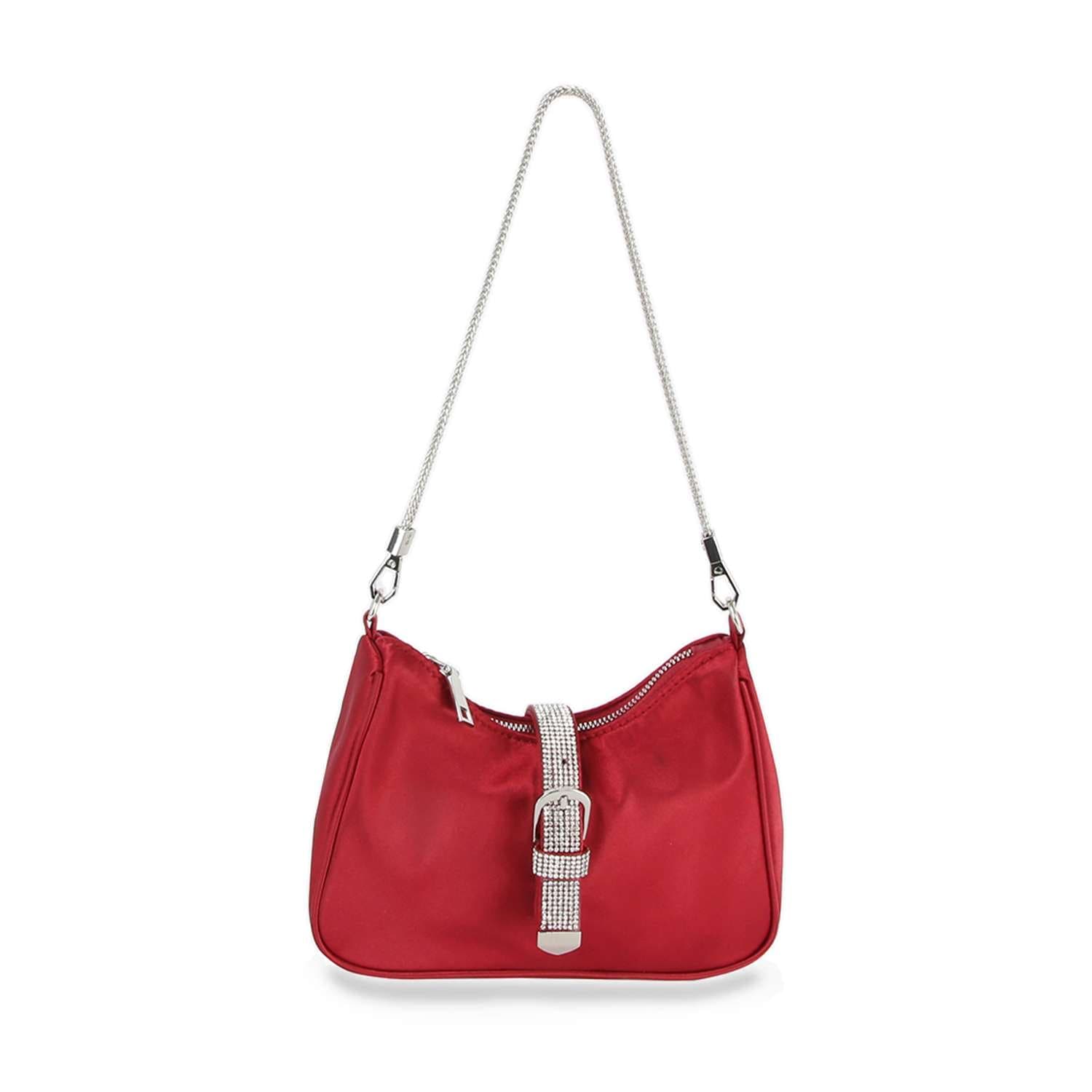 The Rhinestone Buckle Hobo Handbag features a red design, silver chain strap, silver zipper, and a rhinestone buckle on the front, making it a glamorous and stylish accessory.
